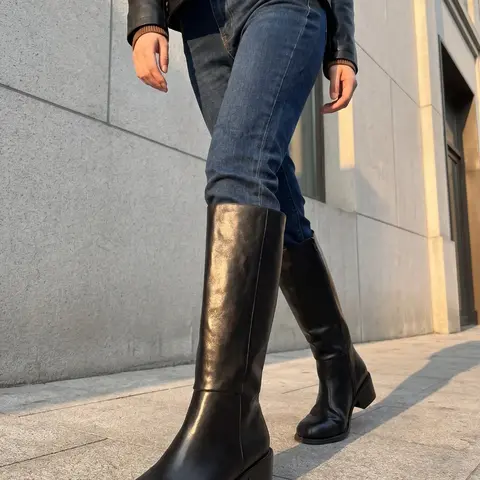 【Black Friday】Women's Fashionable Solid Color Side-Zip Knee-High Boots, Elegant Square-Toe Block Heel Boots for Daily Wear, Trendy Feminine Shoes for Fall & Winter