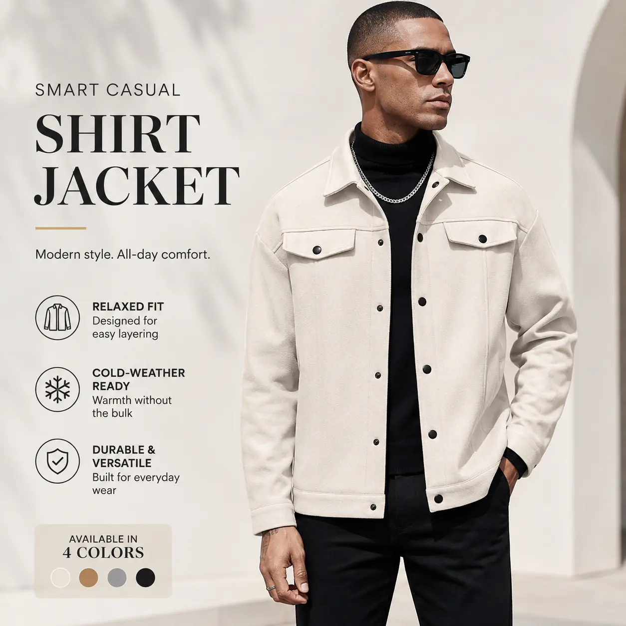 Men's Solid Multi-Pocket Shacket Jacket - Fall Winter Warmth, Casual Button-Down Soft Fabric Overshirt, Relaxed Fit Lightweight Smart Casual Streetwear Layering Outerwear for Work & Travel