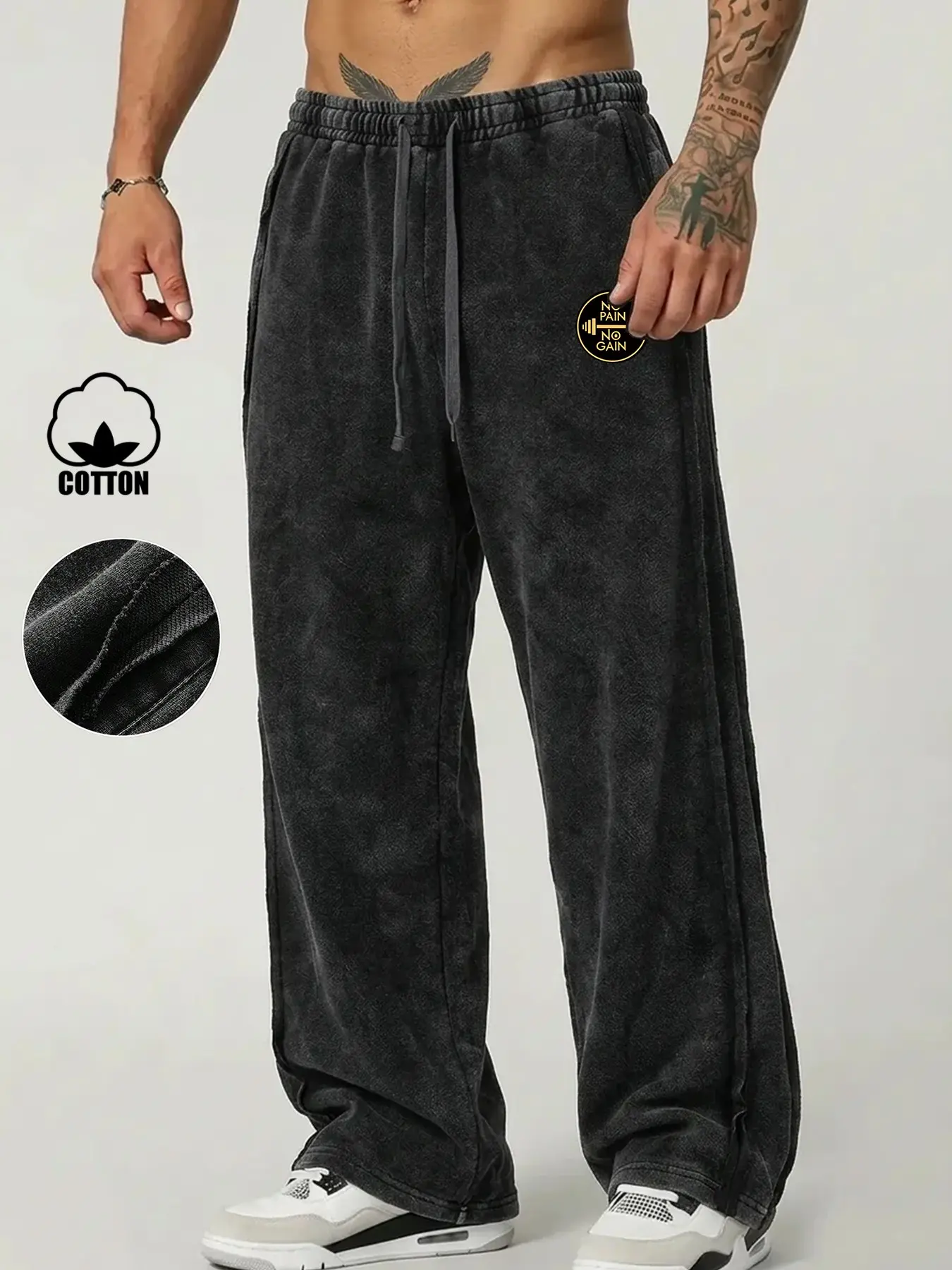 Men's Vintage Washed Cotton Wide-Leg Sweatpants with "No Pain No Gain" Barbell Embroidered Patch, Athleisure American Streetwear Baggy Trousers, Workout Pants, Suitable for Weightlifting, Gym Training, Outdoor Hiking & Daily Commute Outfits