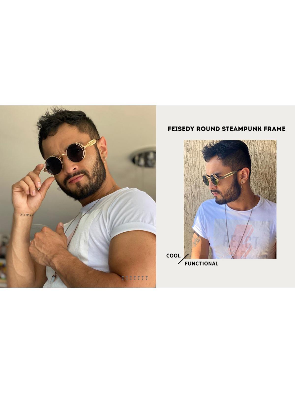 FEISEDY Sunglasses Mens Women Retro Steampunk Round Sunglasses Metal Frame Fishing Driving Hippie Glasses B2351