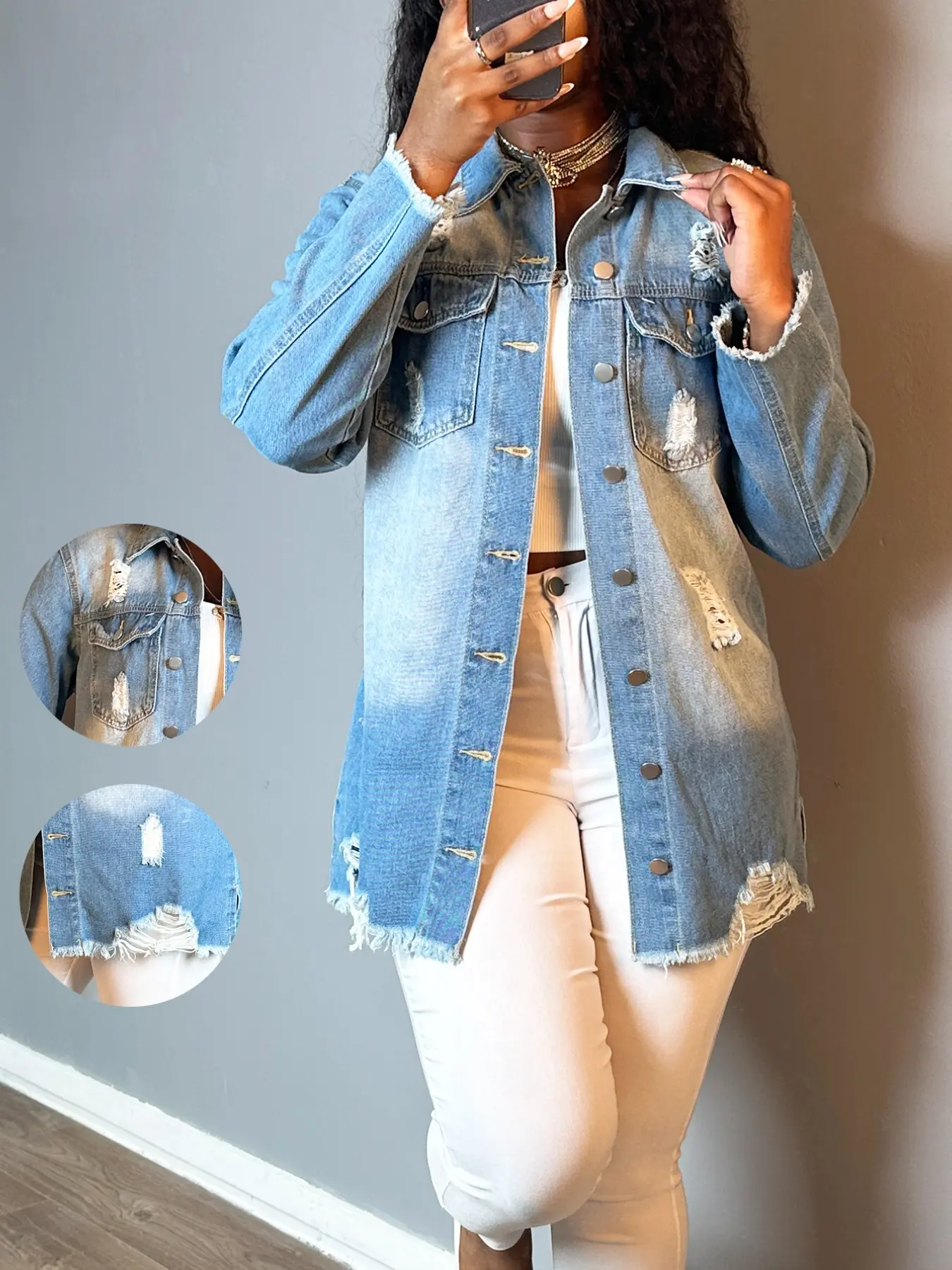 Women's Loose Vintage Denim Collared Shirt Jacket, Ripped Hem, Patch Pockets, Long Sleeve, Casual Street Style, Perfect for Daily Wear