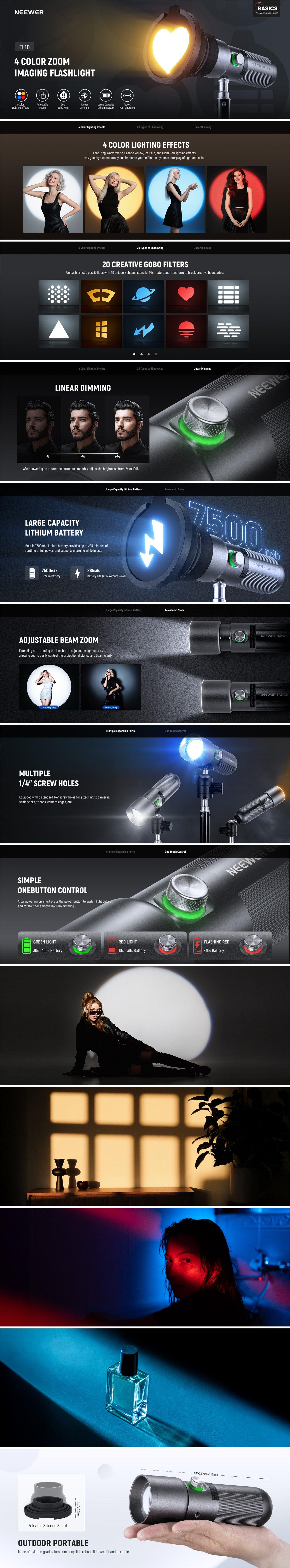 NEEWER BASICS FL10 RGB LED Photography Light 10W Portable Spotlight 4 Colors 20 Gobo Filters Indoor and Outdoor Light for Party Decoration Vlog and Creative Shooting