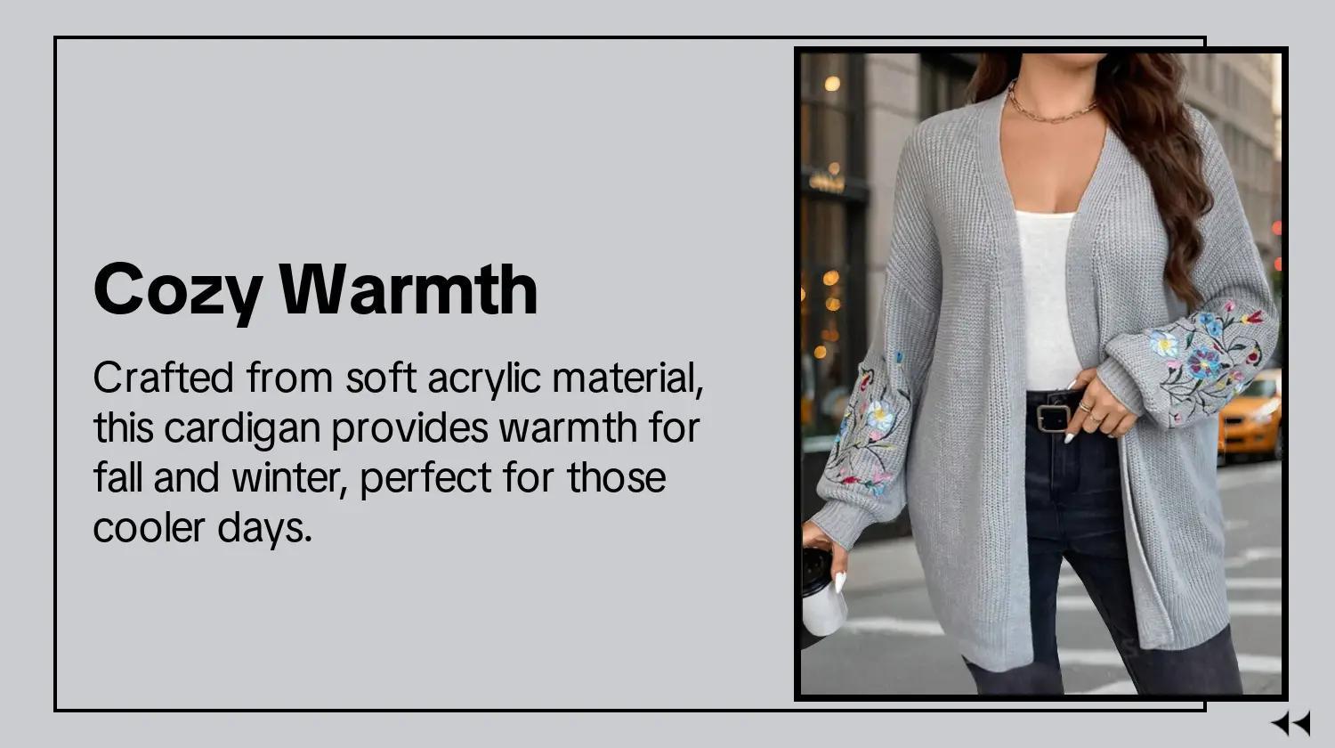 Plus Size Floral Embroidery Drop Shoulder Long Sleeve Vneck Cardigan, Casual Open Front Cardigan Tops for Fall & Winter, Women's Knitwear for Daily Wear, Longsleeves Womenswear  Sweater, Lightweight Knit Sweater
