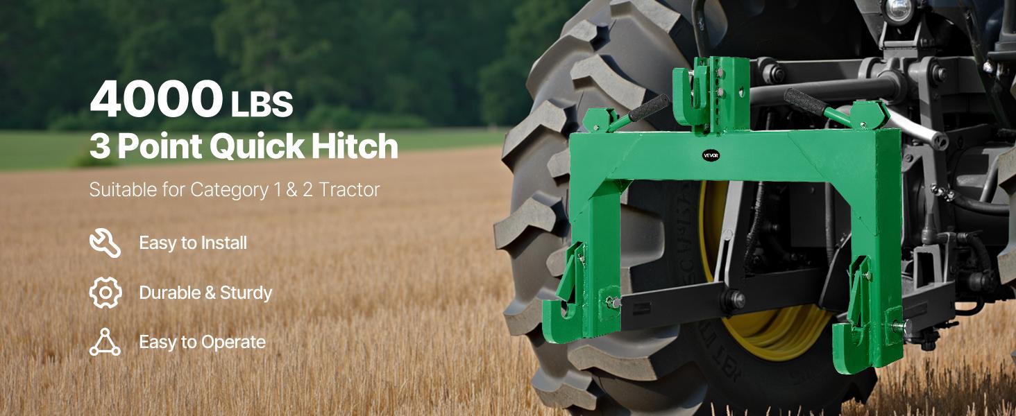 VEVOR 3-Point Quick Hitch, 4000 Lbs Lift Capacity, 3-Pt Trailer Hitch with 5 Level Adjustable Bolt, Adaptation to Category 2 Tractor, Heavy Duty 3 Point Attachments, Green