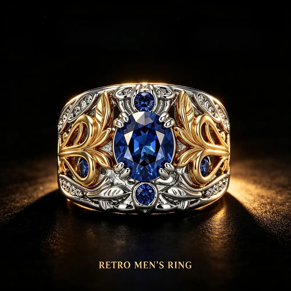 Men's Vintage Dual-Tone Gold-Silver Wide Band Ring with Crystal Center, Leaf Motif, Lightweight Statement Blue Sapphire Party Wear Costume Jewelry Fashion Accessory