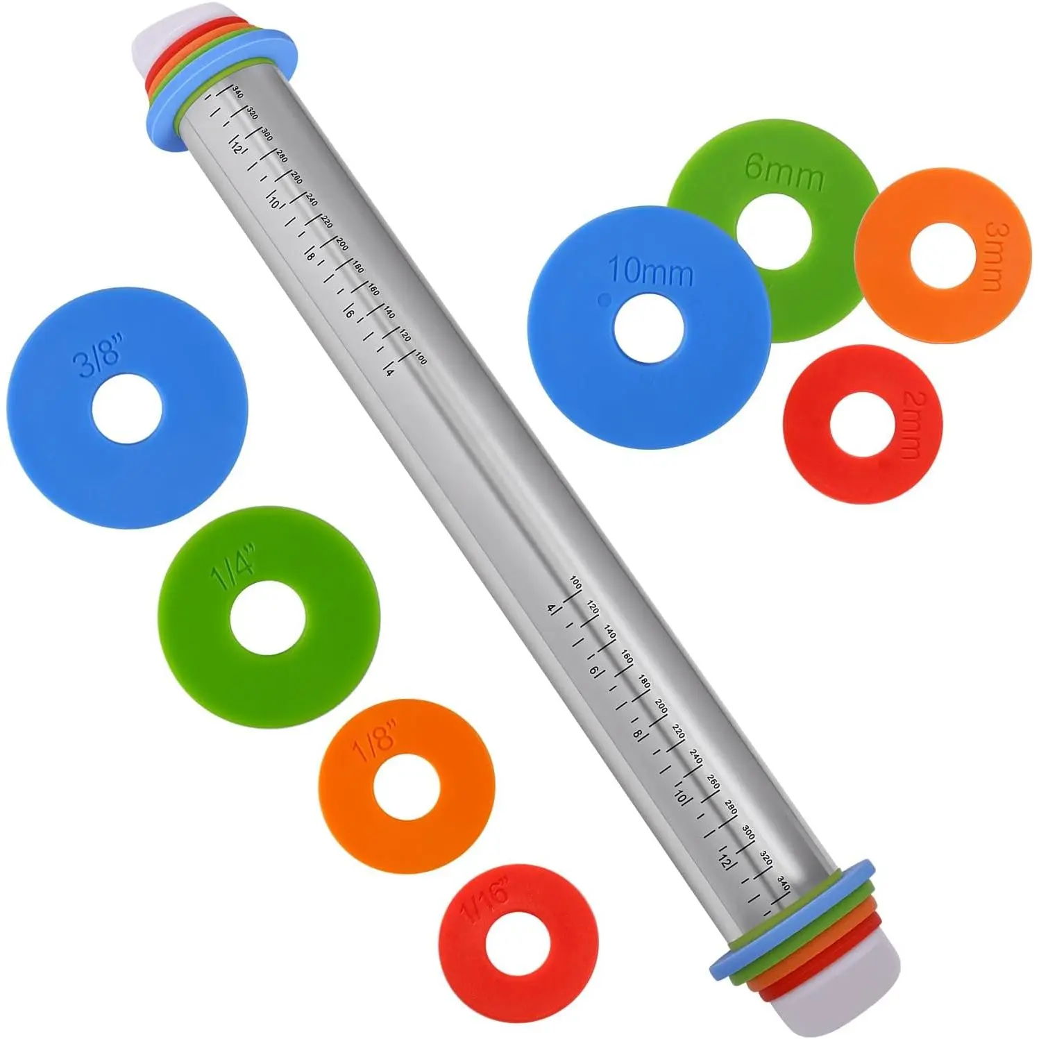 Cake Pop Rolling Pin with Thickness Rings, Stainless Steel Roller