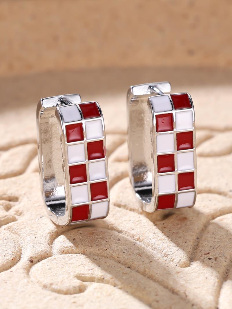 Checkerboard Pattern Hoop Earrings, Fashionable Casual Enamel Drip Earring Clip for Women for Party, Daily Decor, Trendy All-match & Exquisite Jewelry for Gift, High Quality Earrings