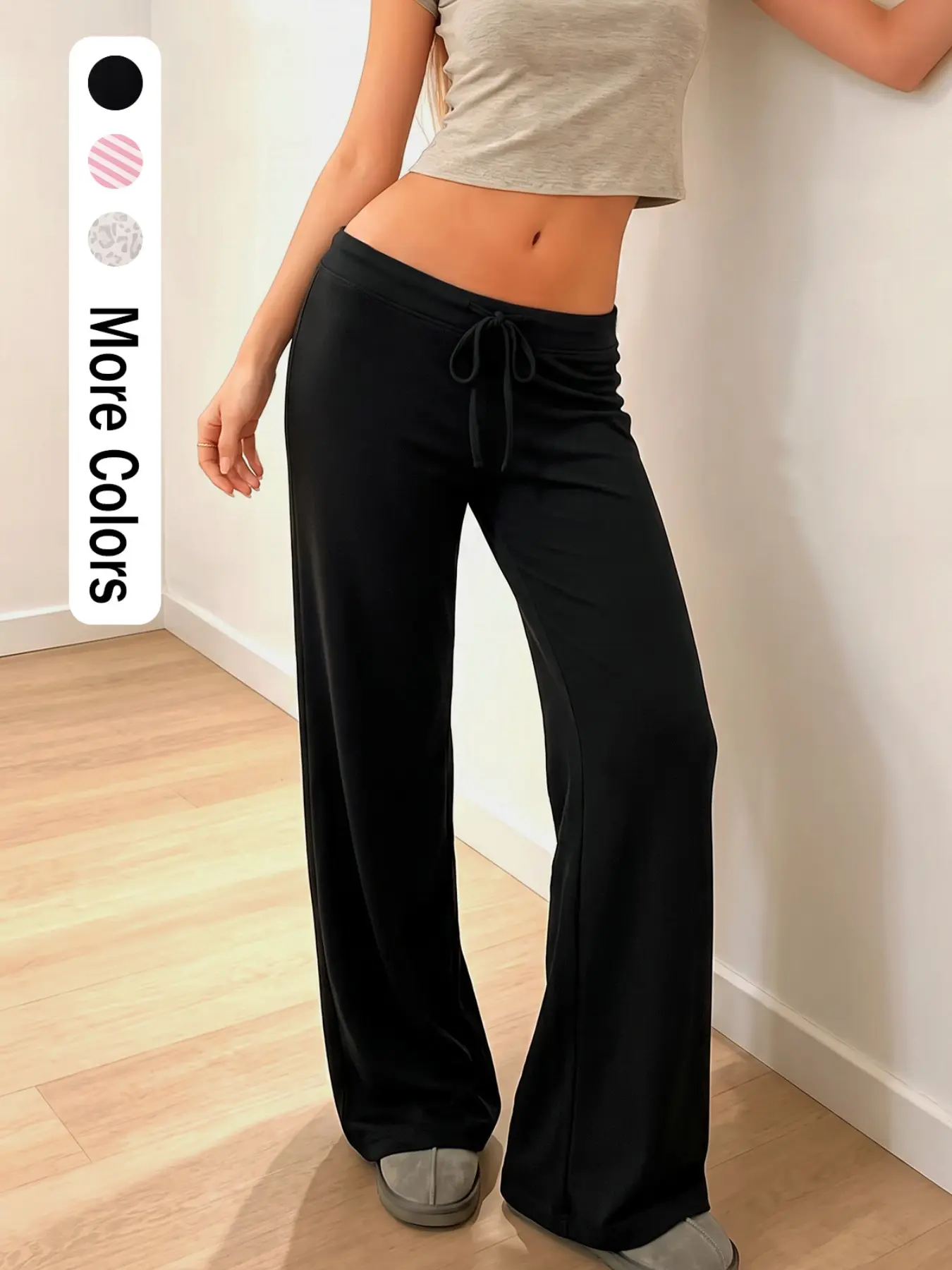 Women'S Black Low Waist Adjustable Drawstring Flare Sweatpants, Soft Stretchy Wide Leg Casual Trousers, Lazy Y2K Street Aesthetic, Suitable For Daily Errands, Coffee Dates, Vacation And Casual Street Matching Outfits