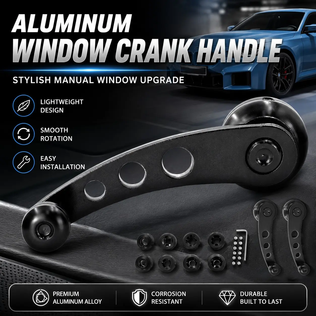 Pair of Car Window Cranks, Universal Aluminum Hand Crank for Trucks and Vans, Adjustable Design, Durable Material, Easy Installation