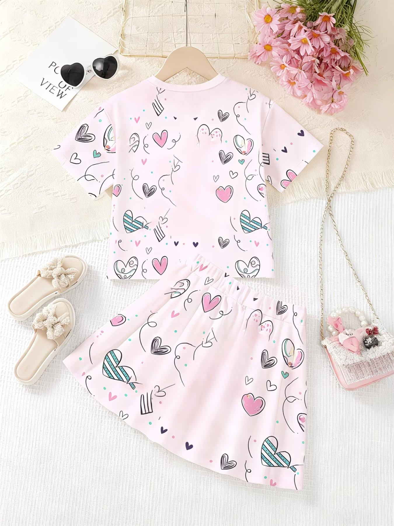 Girls' 3D Heart Print Cartoon Top and Skirt Set, Summer Casual, Slim-Fitting Round Neck Short Sleeve, Two-Piece Ensemble