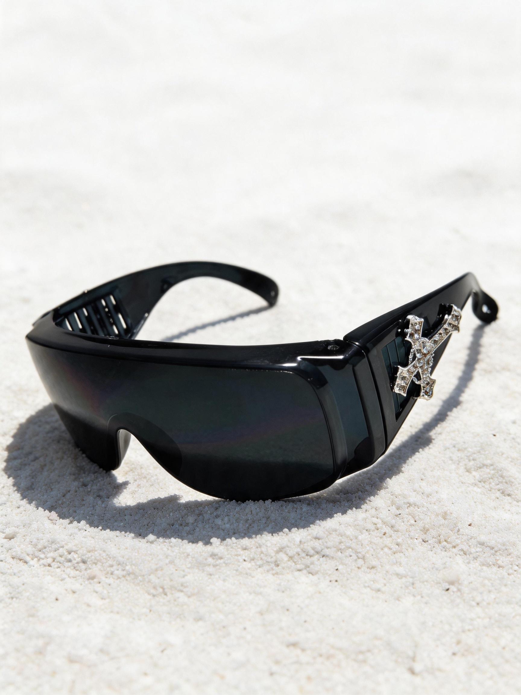 Men's Fashion Glasses with Rhinestone Cross Decoration, PC Lenses, UV Protection, Cat Eye Frame, Party Style, Includes Strap and Cloth, Trendy Sunglasses, Stylish Sunglasses, Fashionable Sunglasses