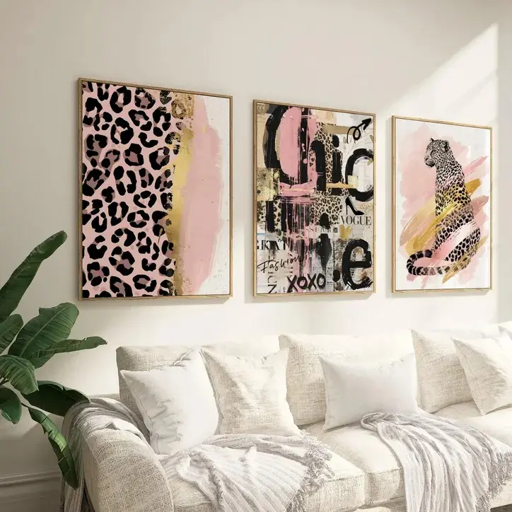 3-Piece Leopard Gallery Wall Art Set, Pink & Black Fashion Collage Prints, Chic Modern Luxury Jungle Digital Download for Aesthetic Room Decor, Wall Decor & Room Decorations, Artwork