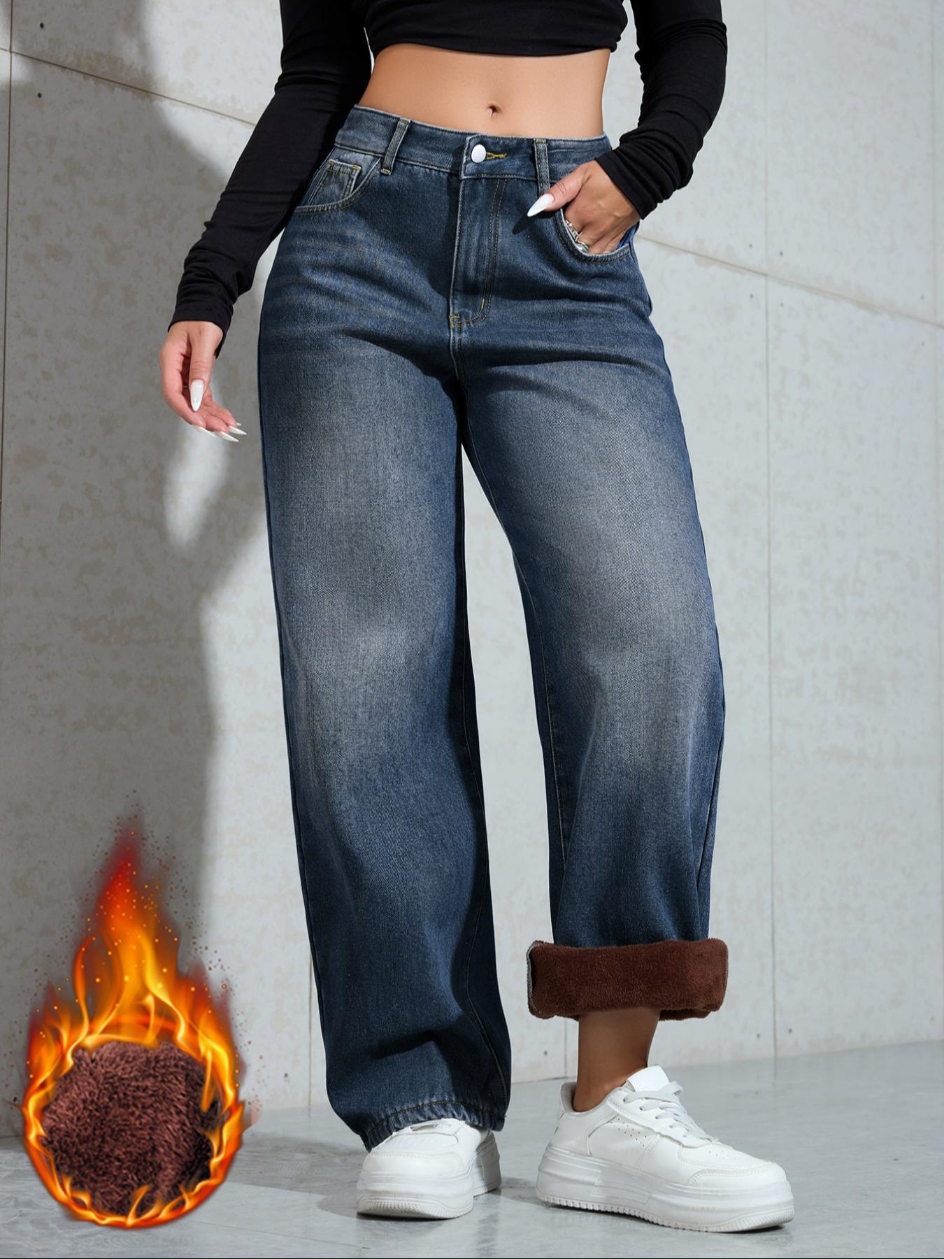 Women's Vintage Fleece Lined Thick Denim Jeans, Fall & Winter Fashion Wide Leg Straight Fit Pants, Elegant Plain Woven Fabric