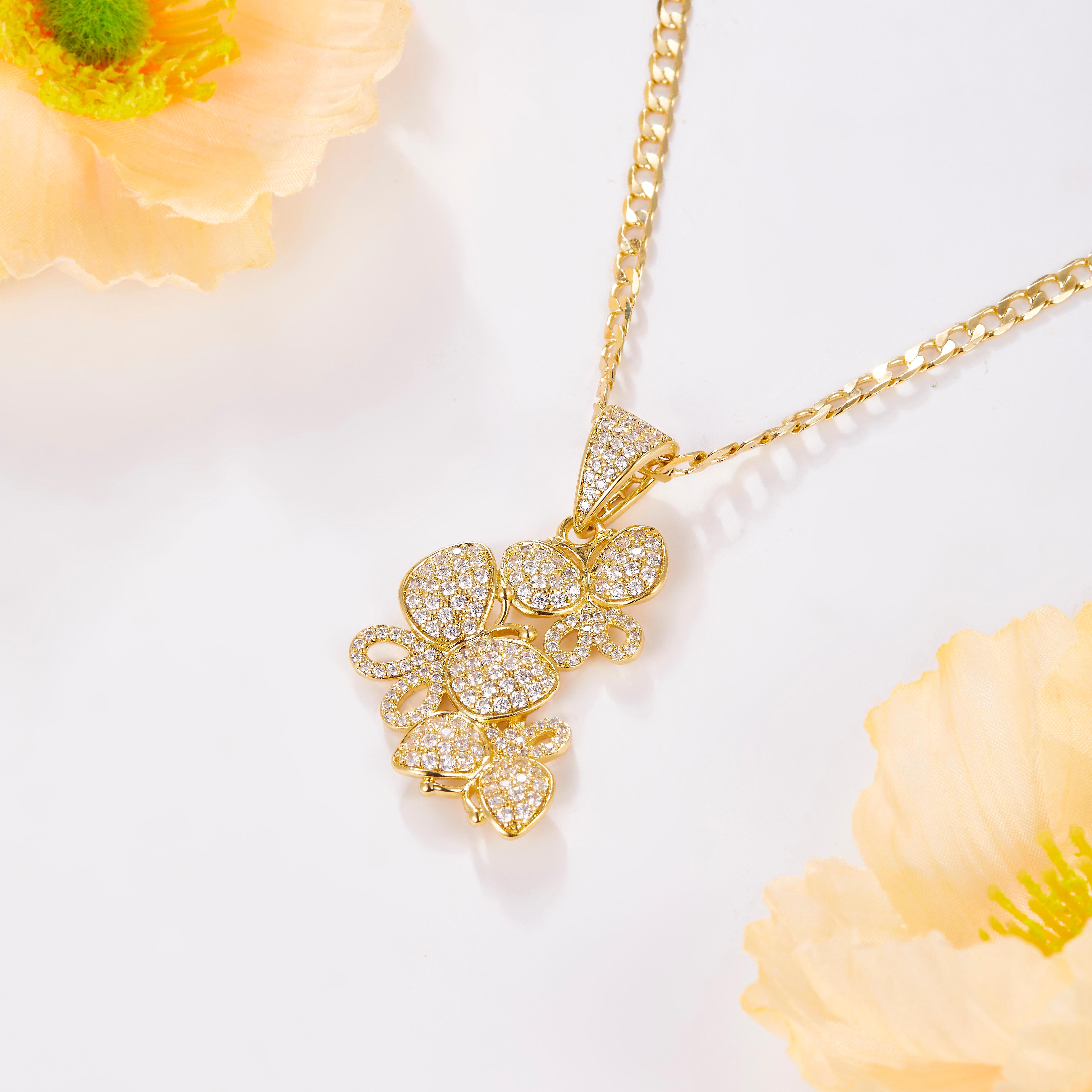 (CN081)Butterfly Cubic Zirconia Pendant Necklace (45CM）