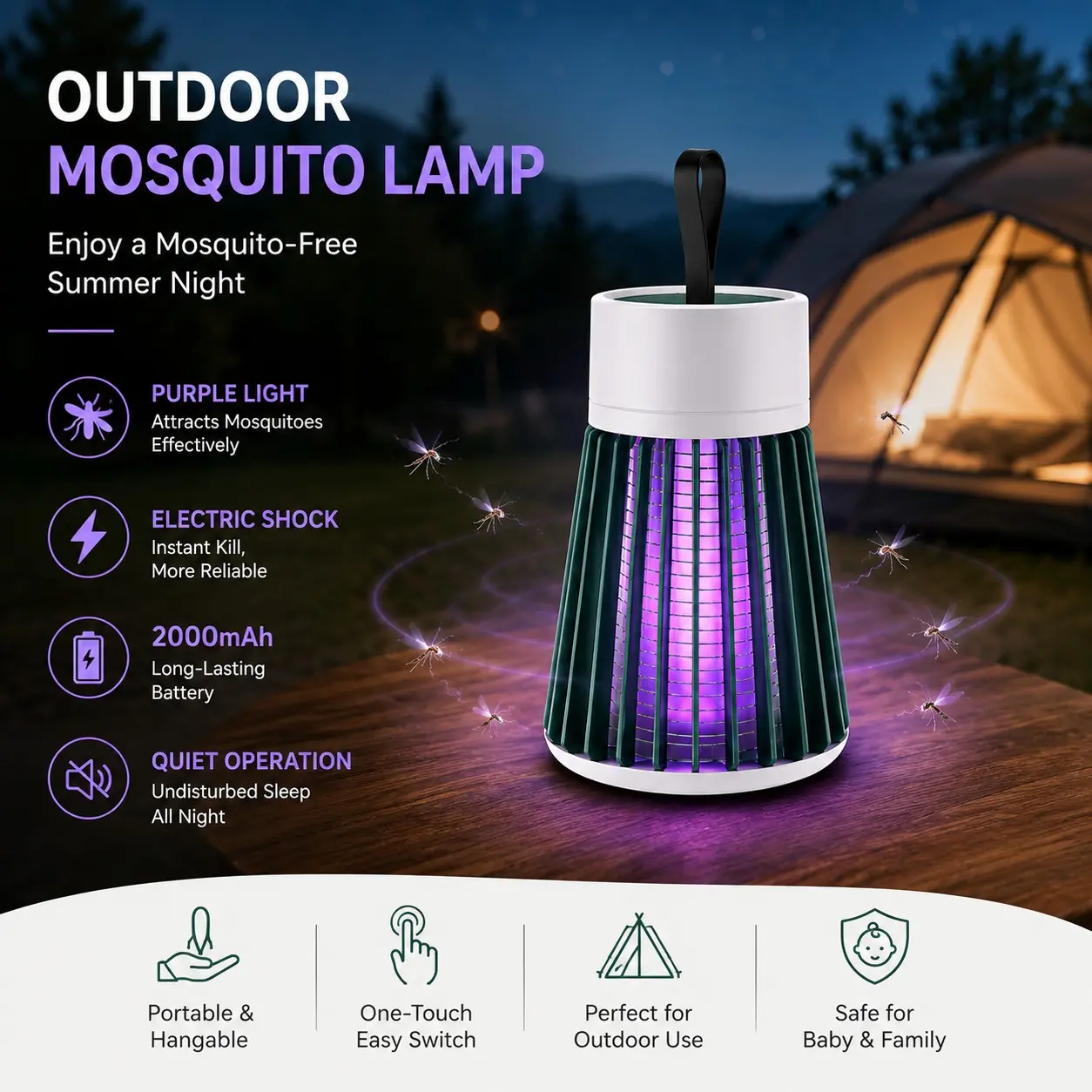 Portable Camping Mosquito Killer Light, Strong LED Light, USB Rechargeable, Long Battery Life, Ideal for Outdoor & Home Use