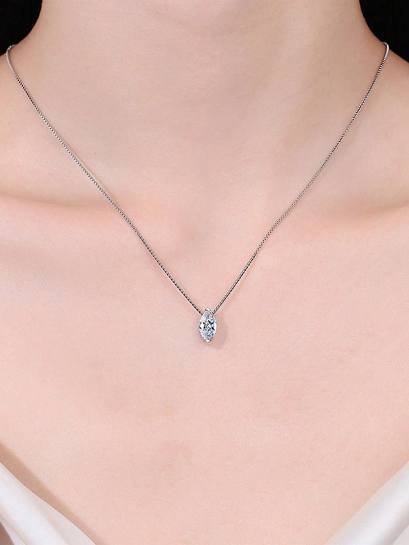 925 Silver 1 Carat Moissanite Drop Necklace, Elegant Lockbone Chain for Daily Wear, Versatile Horse Eye Moissanite Pendant