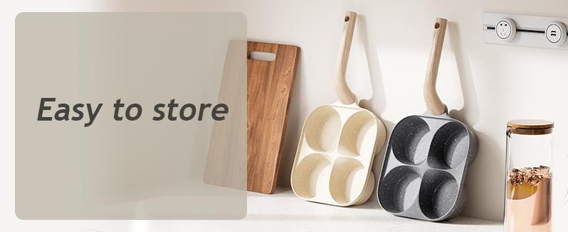 Multifunctional Non-stick Egg Frying Pan – 4 Holes Skillet with Wooden Handle, Medical Stone Omelet Maker for Pancakes, Burgers, Breakfast & Quick Cooking at Home.Non-stick Beige Cookware frying pan.Nonstick Woks