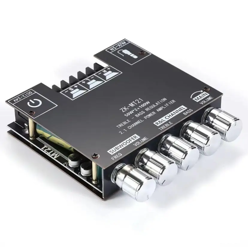 ZK-MT21 2.1CH Bluetooth Amplifier Board | 50W+50W+100W (150W Total) | Bass/Treble/Sub Control | DC 9-24V | Password-free BT & AUX