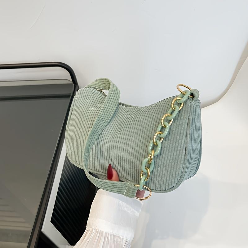 Vintage Corduroy Crossbody Bag, Stylish Chain Side Purse, Women'S Basic Handbag Featuring a Zipper, Crossbody Bags For Women, Handbags For Women