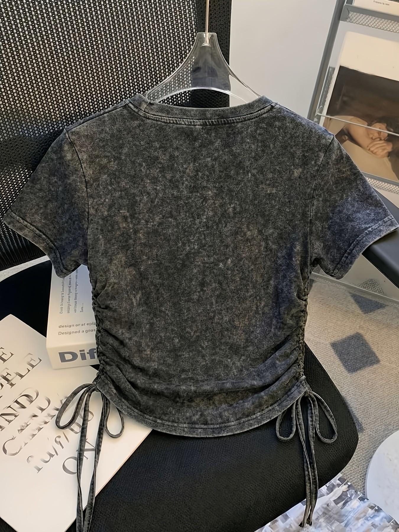 Dark retro Vintage newspaper-print rose tee with side drawstrings, Streetwear, Round neck, features washed texture, slim fit, cropped cut, accentuates waist for flattering silhouette, perfect for Instagram-worthy photos