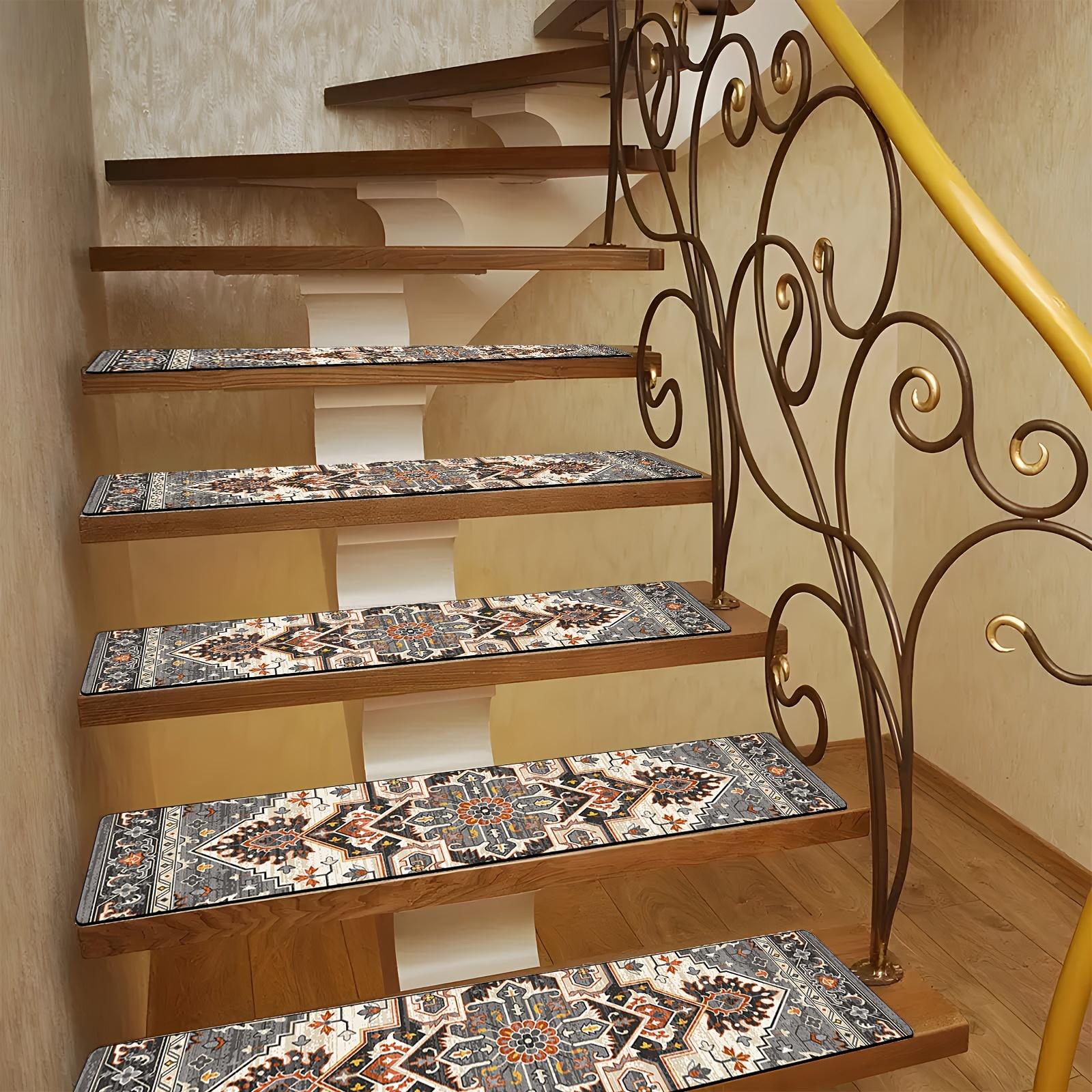 Non-Slip Stair Treads for Wooden Steps, 15PCS Boho Blue Carpet Stair Runners, Washable Stair Mats for Kids, Dogs, Elders, Indoor Stair Protectors with Adhesive, Vintage Floral Design
