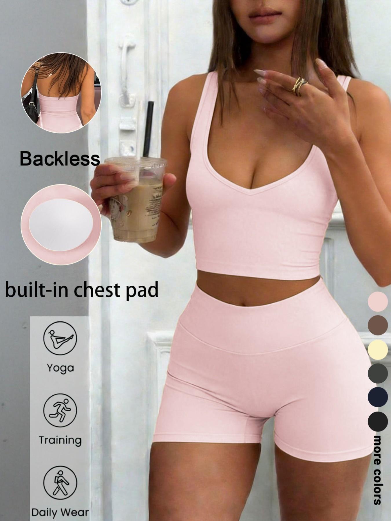 Sexy U-Neck Backless Halter Top Shorts Set, Elastic Comfortable Casual Wear, Perfect for Gym Yoga Running Daily