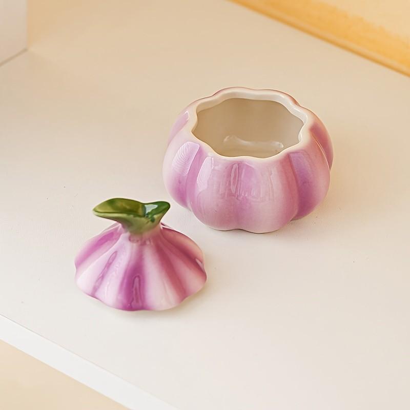 Garlic Shaped Ceramic Canister | Purple Glazed Kitchen Storage Jar for Spices Treats | Decorative Countertop Organizer with Vintage Farmhouse Charm | Functional Decor for Home Cooks & Collectors | US Culinary Accent Piece