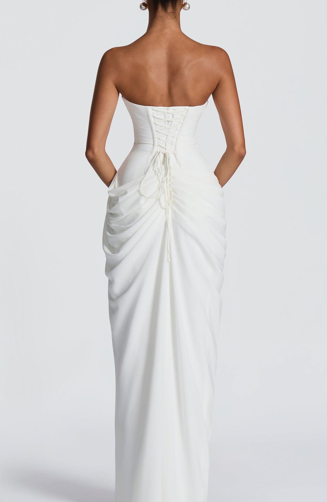 2026 European and American New Style Asymmetrical Pleated Sexy High-Slit French Romantic Strapless Pleated Slit Dress