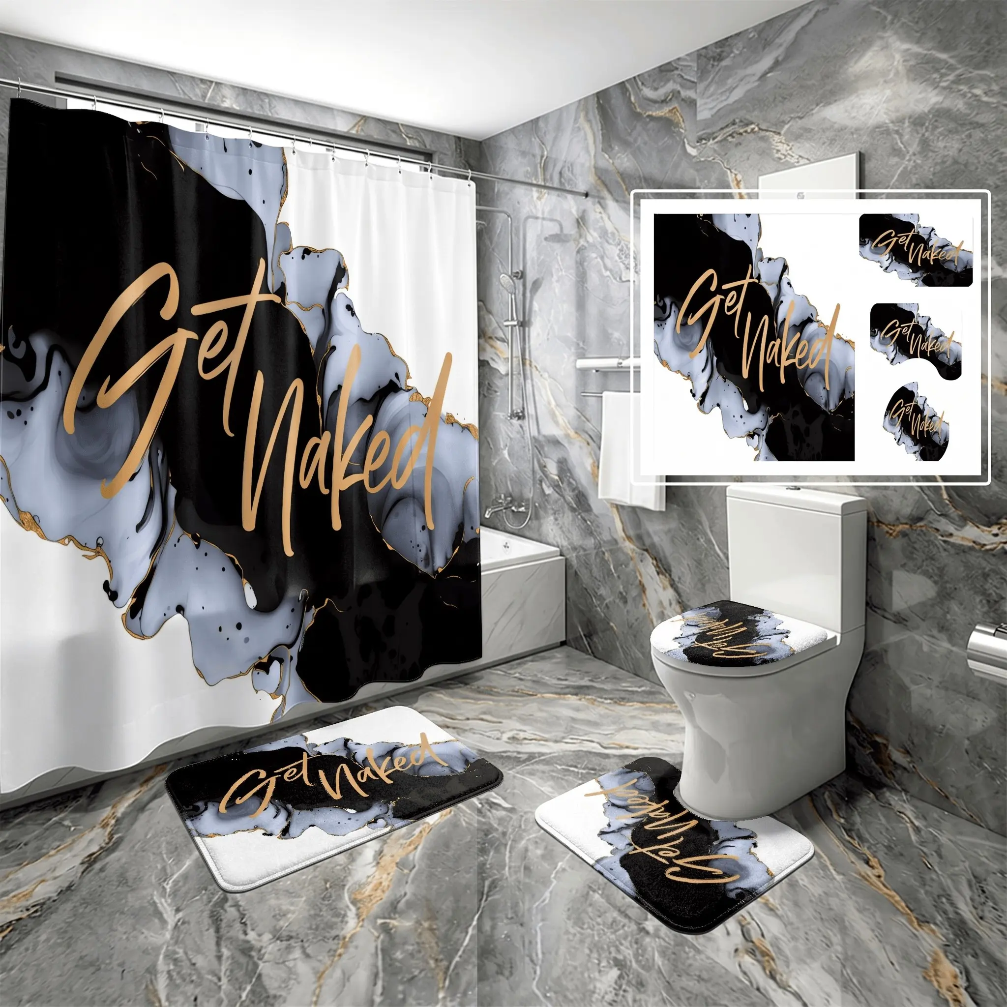 4pcs Gold Marble Shower Curtain Set for Bathroom with Rugs, The floor mat fabric is thicker and softer! Abstract Alcohol Ink Bathroom Decor, Romantic Gift, Modern Home Decor