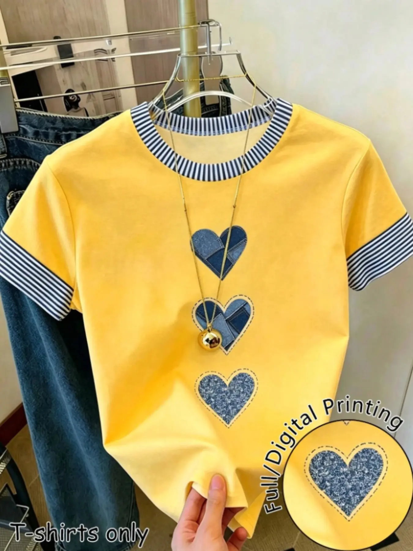 Women's Striped Round Neck T-Shirt, Cute Denim Heart Print Short Sleeve Top, Summer Casual Basic Tee, Comfortable and Stylish