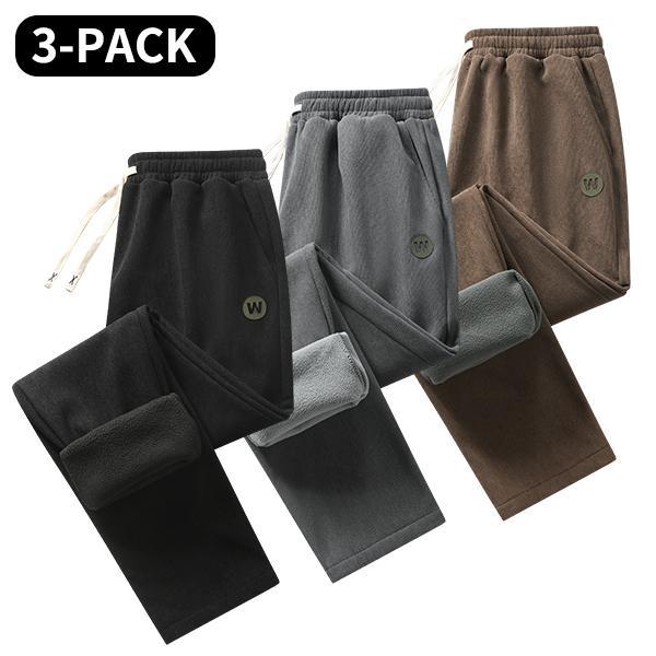 Men’s 3-pack winter fleece-lined loose straight-leg pants, corduroy-style warm fabric, elastic drawstring waist, casual men’s long pants