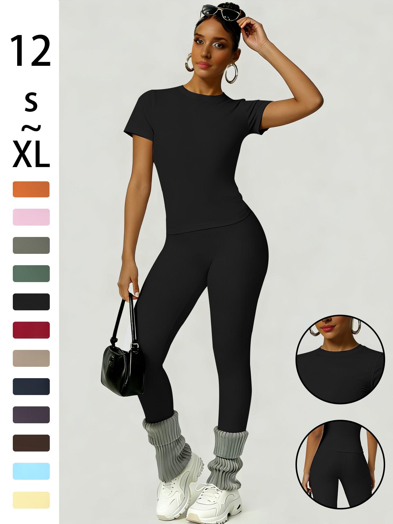 Women's Sporty Slim Fit High-Waisted Yoga Pants & Short Sleeve Round Neck Tee Set, Soft Breathable Activewear for Gym, Running and Outdoor Activities