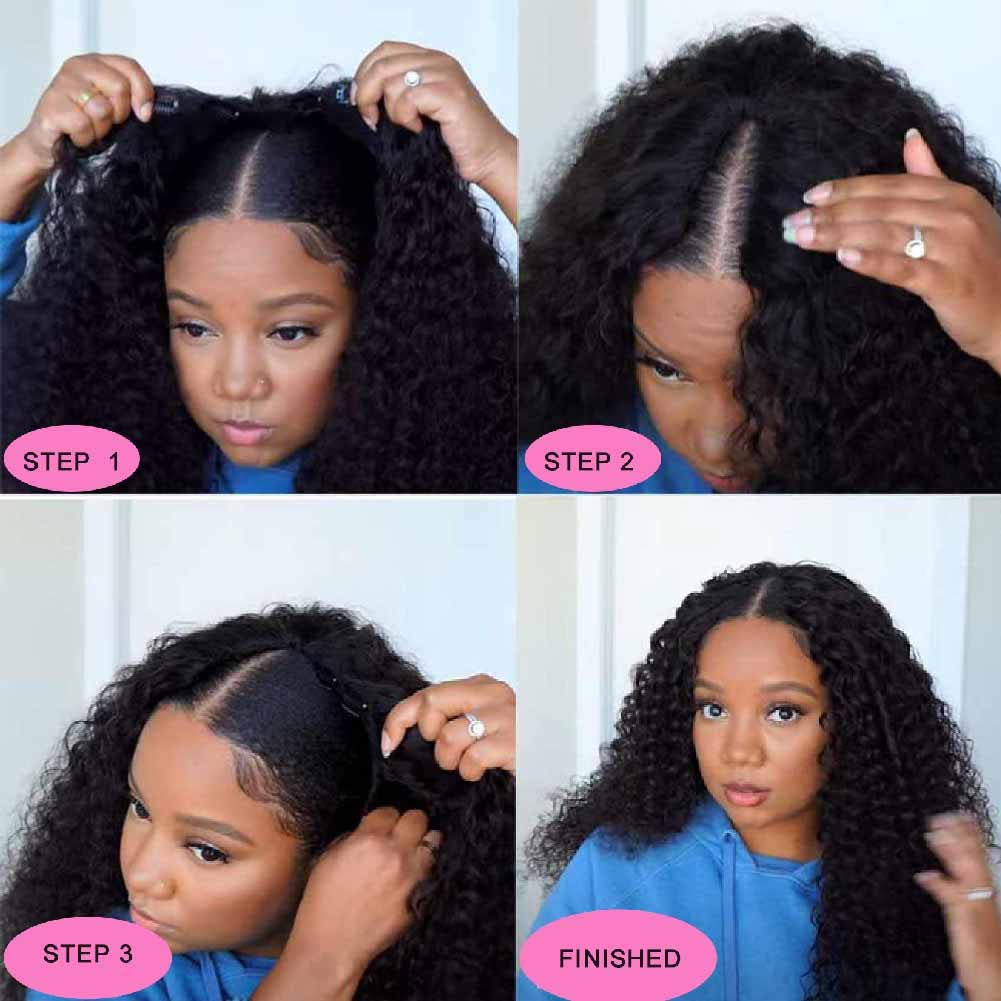 Tahikie V Part Curly Wig Human Hair Upgraded V Part Real Hair Wig Minimal No Sew in No Glue Glueless Afro Kinky Natural Black Brazilian High-Quality 100% Human Hair Beginner Friendly