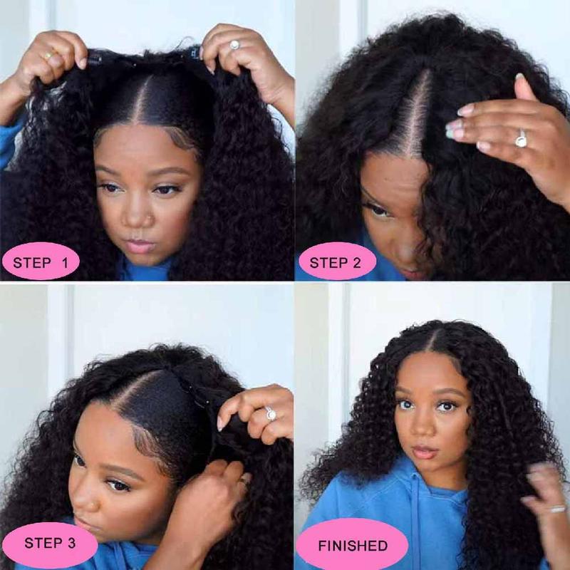 Tahikie V Part Curly Wig Human Hair Upgraded V Part Real Hair Wig Minimal No Sew in No Glue Glueless Afro Kinky Natural Black Brazilian High-Quality 100% Human Hair Beginner Friendly