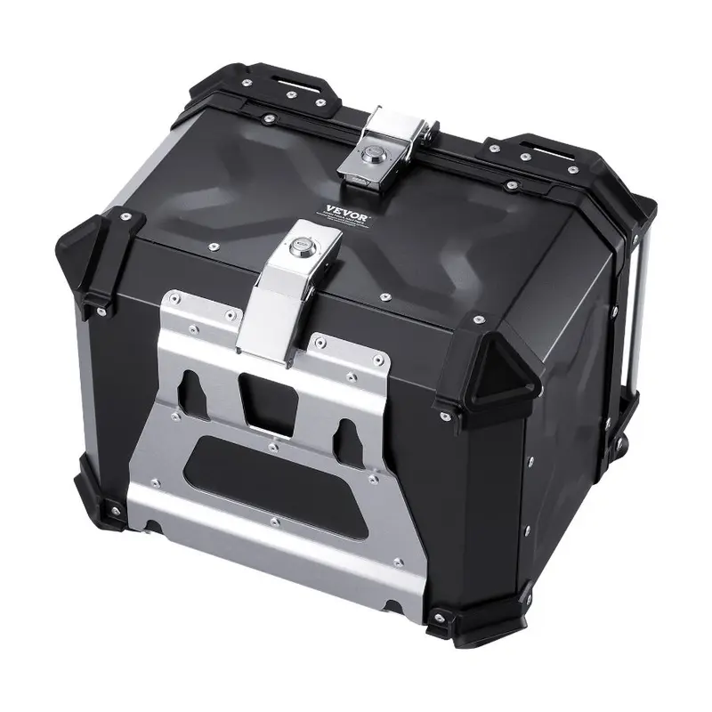 VEVOR Universal Fit Aluminum Alloy Motorcycle Top Case, 45L Waterproof Lockable Tail Storage Box with Leather Lining, Detachable Back Cushion, Compatible with 99% of Motorcycle Frames
