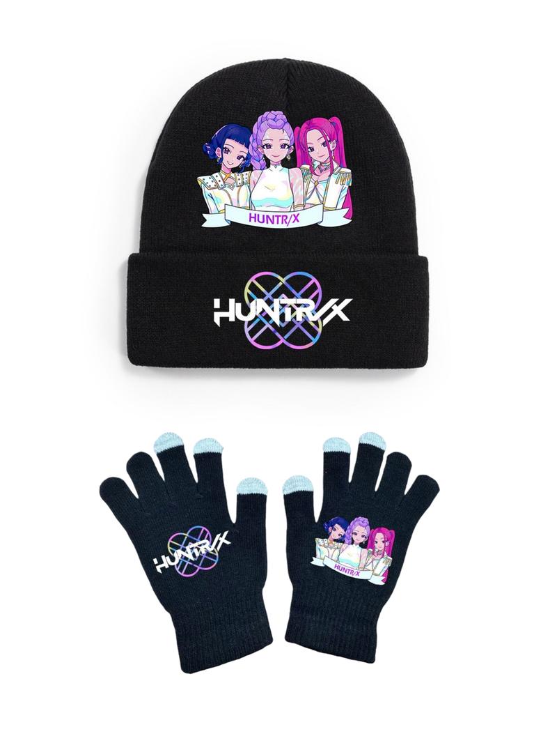 Fashionable Hat & Glove Set for Autumn Winter, Creative Anime Girl Kpop Hunter Series, Unisex Knitted Cap, Christmas Gift Idea