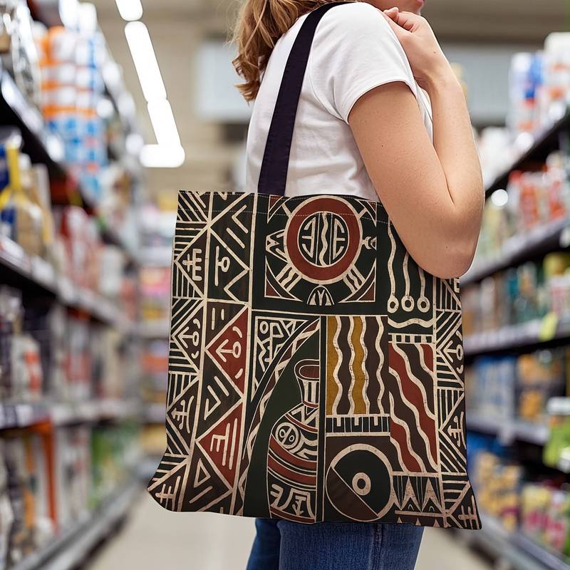 Vintage African Art Geometric Pattern Canvas Bag, Teen Shopping Bag, Durable, Suitable for Daily Use and Beach, Spacious Design, Classic Style