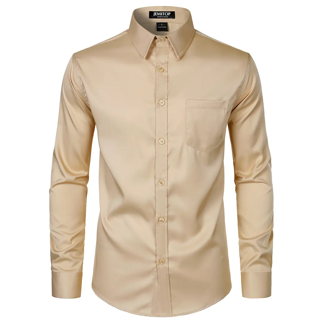 JEMITOP Men's Stretch Slim Long-Sleeve Button-Down Dress Shirt with Pocket - Menswear, Formal Wedding Business, All Seasons, Machine Washable
