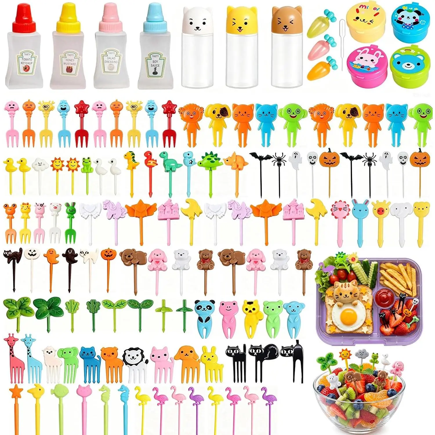 174 count Bento Box accessories Condiment Squeeze Bottles  Lunch Accessories  Sauce Containers Mini Ketchup Bottle And  Fruit  Toothpicks for Camping Office Accessories