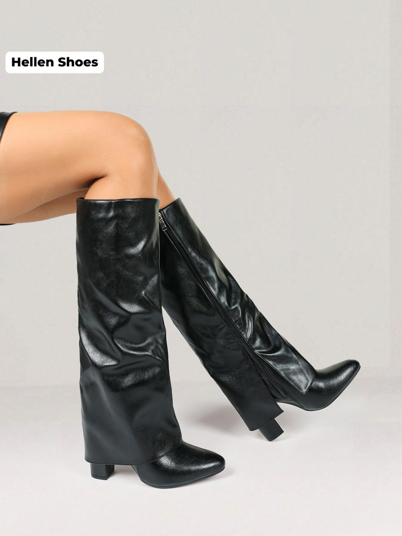 Women's Solid Color Knee High Heel, Elegant Pointed Toe for Fall & Winter, Pointy Toe Boots, Women's Shoes