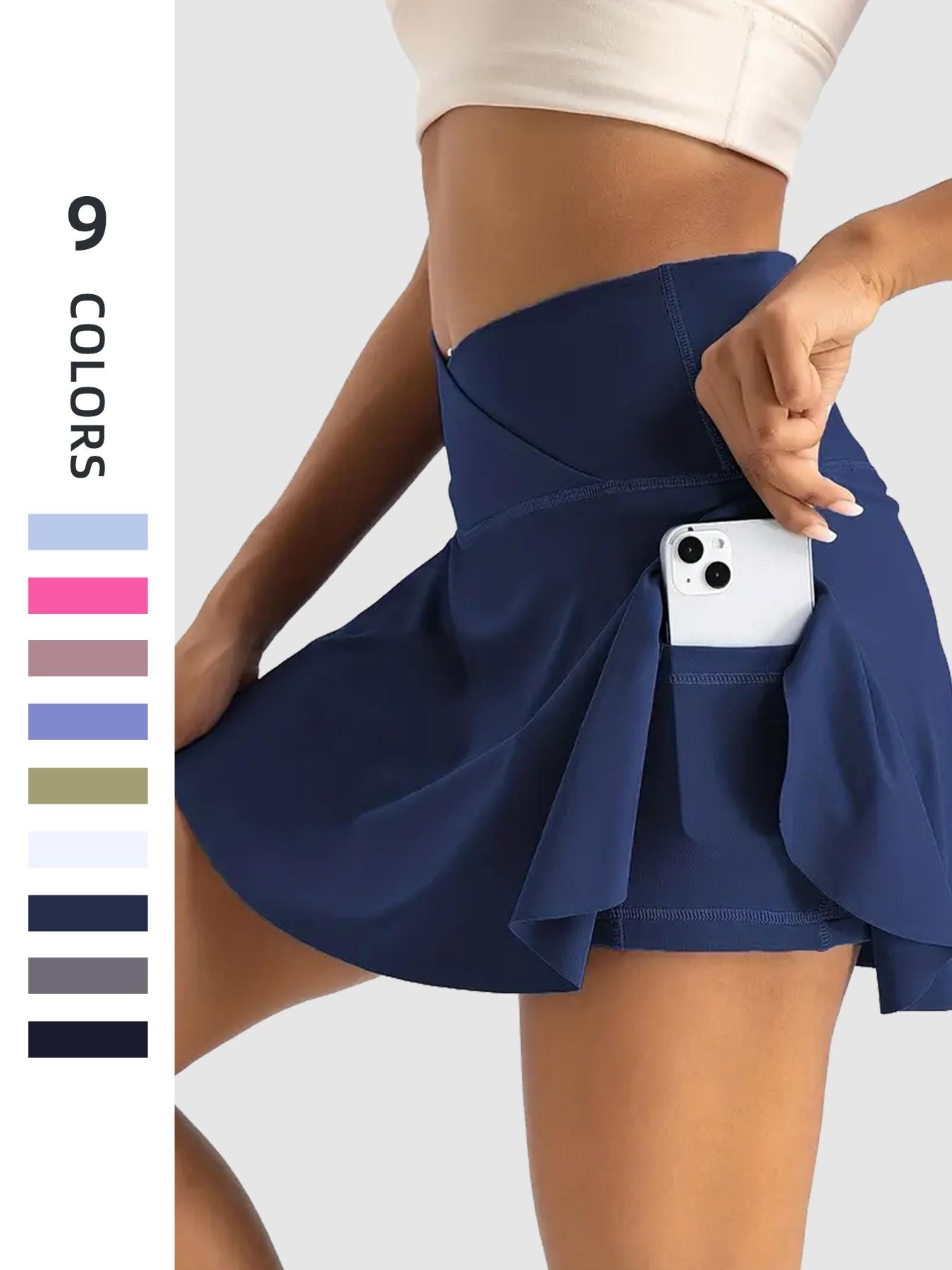Women's High-Waisted Cross-Belt Sports Skirt, Waist Cinching with Pockets, Anti-Exposure Tennis Skirt, Breathable Yoga Shorts Skirt
