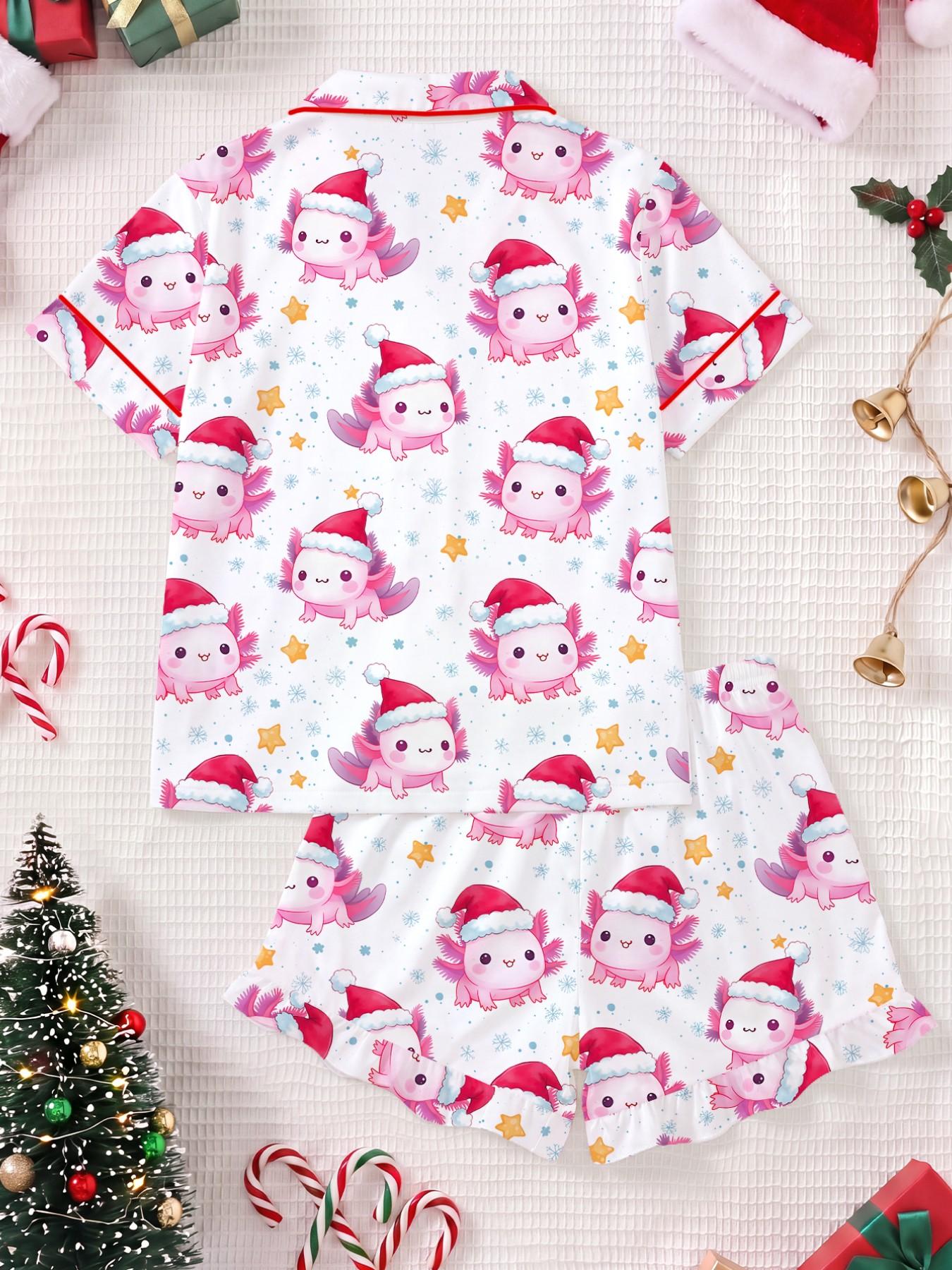 New Christmas Cartoon Print Kids Pajama Set, Short Sleeve Shirt and Loose Fit Pants, Breathable Casual for Holiday Parties