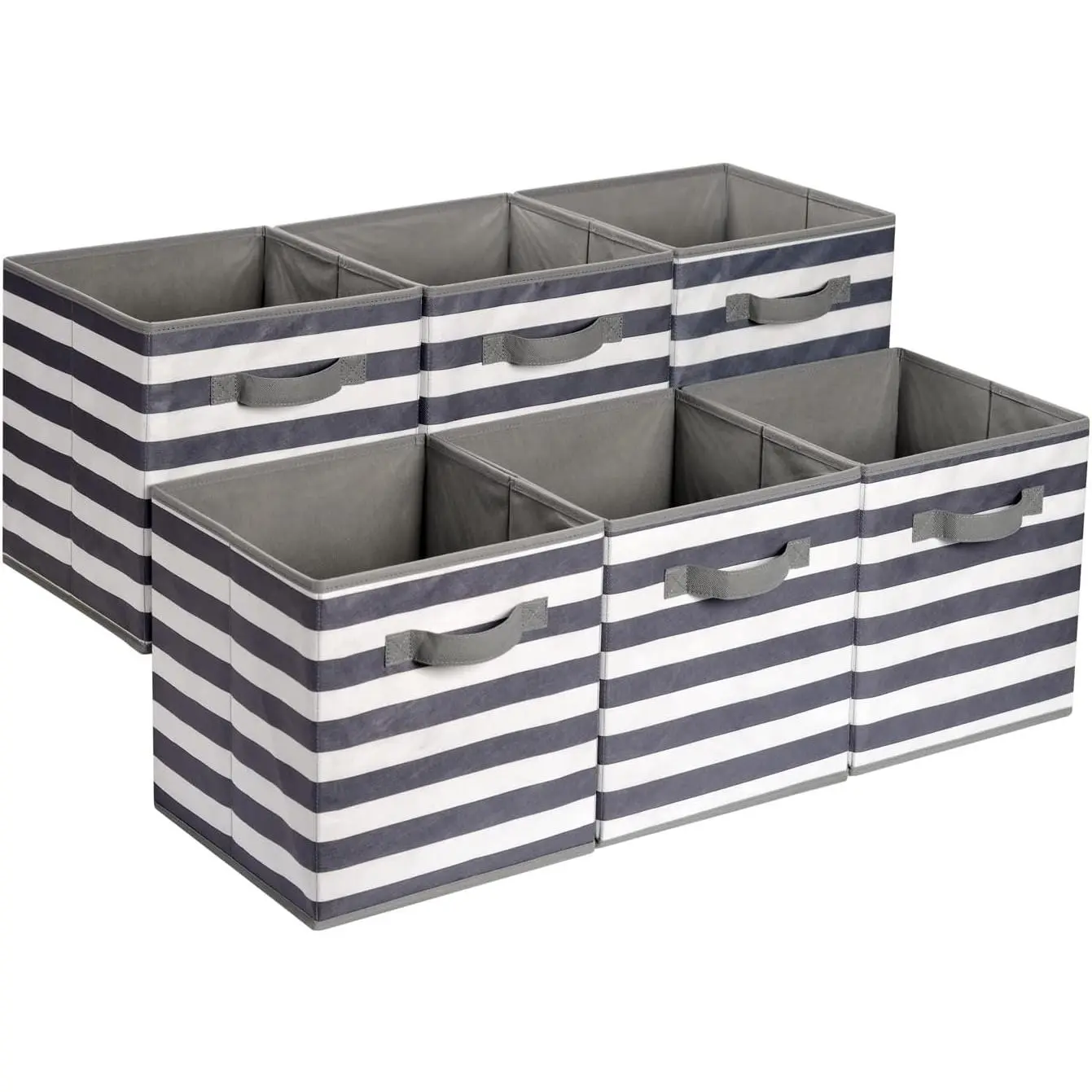 Collapsible Fabric Storage Bins with Handles, Cube Organizer for Home Organization, 10.5"x10.5"x11", White/Light Grey Stripe, 6-Pack
