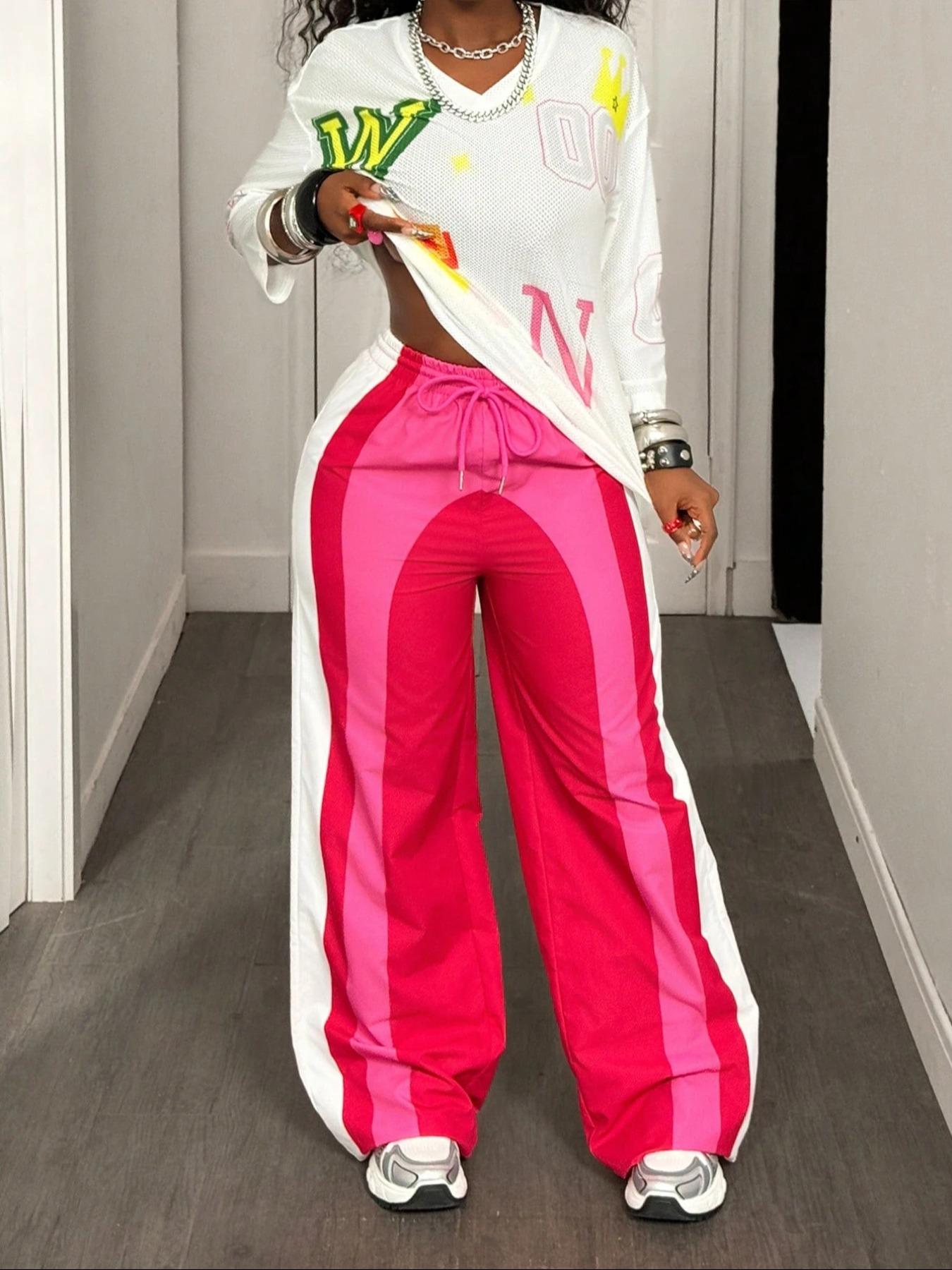 Women's Fashion Summer Thin Colorblock Print Sport Pants, Loose-Fitting Wide Leg Knit Sports Trousers, All Seasons Casual Wear