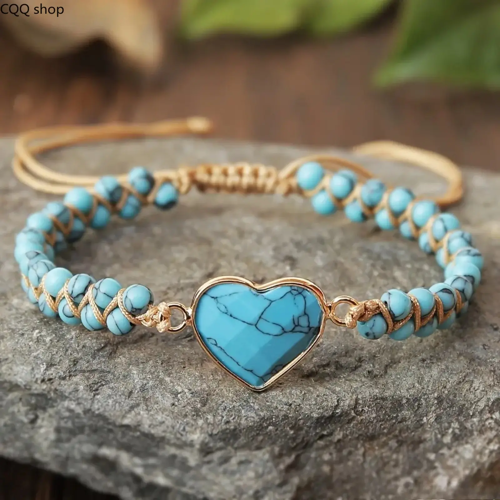 Turquoise Heart Bracelet for Women, Handwoven Bohemian Rope with Natural Stone and Stainless Steel Details, Birthday Gift, Rope Bracelet, Bohemian Bracelets tiktokshopbacktoschool