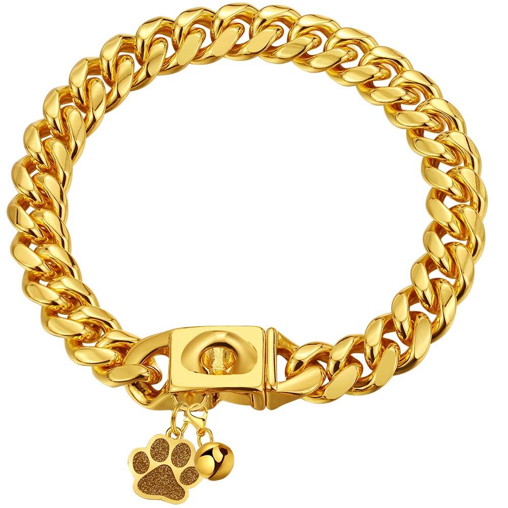 Cuban Link Dog Collar Gold Dog Collar 16mm Dog Chain Collars with Snap Buckle 18K Gold Miami Stainless Steel Metal Collars for Puppy Small Medium Large Dogs with Dog tag & Bell