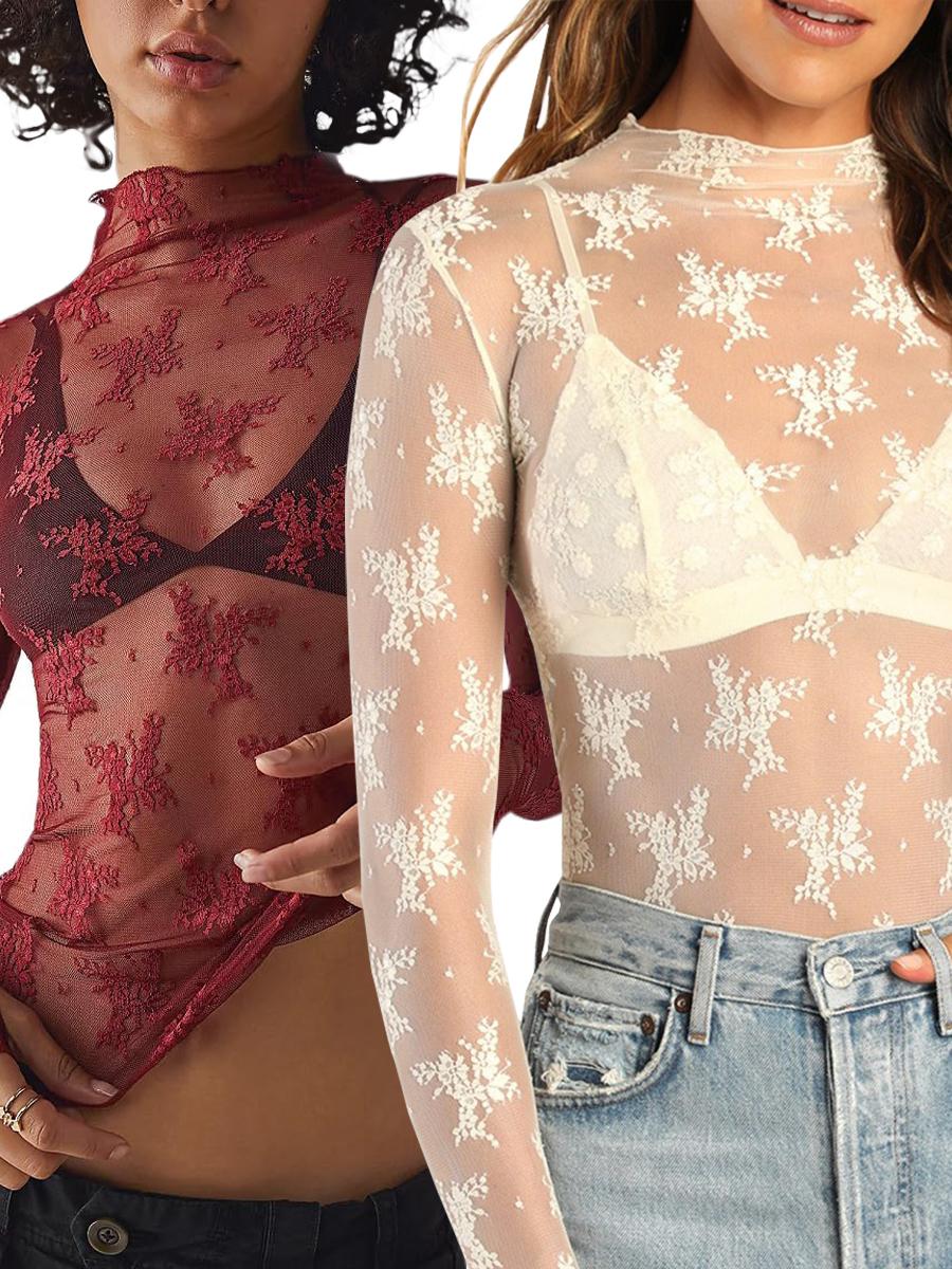 Women's Floral Layering Lace Tops With Thumb Hole, Mesh See Through Slim Shirt All Seasons, Micro Elasticity Long Sleeve Mock Neck Sxy Style