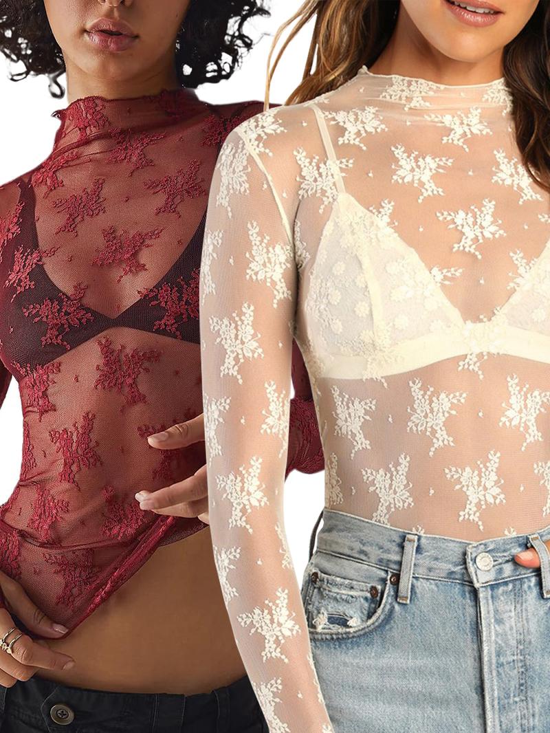 Women's Floral Layering Lace Tops With Thumb Hole, Mesh See Through Slim Shirt All Seasons, Micro Elasticity Long Sleeve Mock Neck Sxy Style