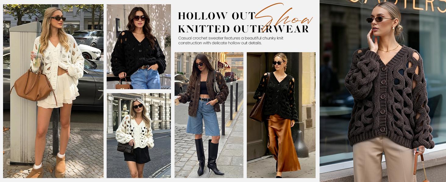 Arssm Crochet Cardigan Sweaters for Women Hollow Out Sweater| V Neck, Long Sleeve, Button Down, 2026 Summer Fall, Chunky Knit Sweater, Oversized Cover Up
