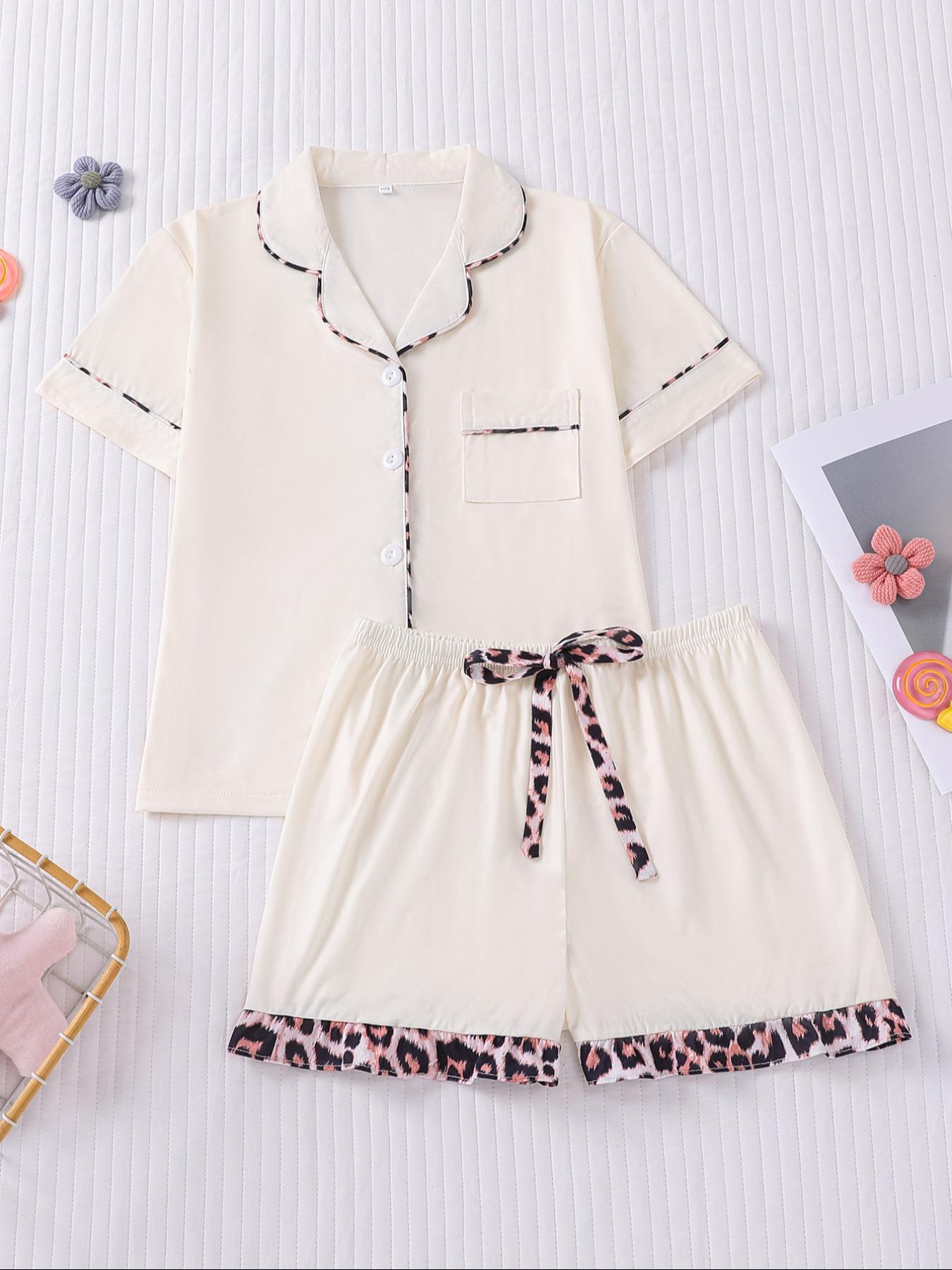 Children's 2-piece pajamas set, new style with short sleeves and shorts with a collar and pockets, fashionable pajamas, Casual Comfy Pajama, beautiful, comfortable soft pajamas, suitable for girls of middle and large size